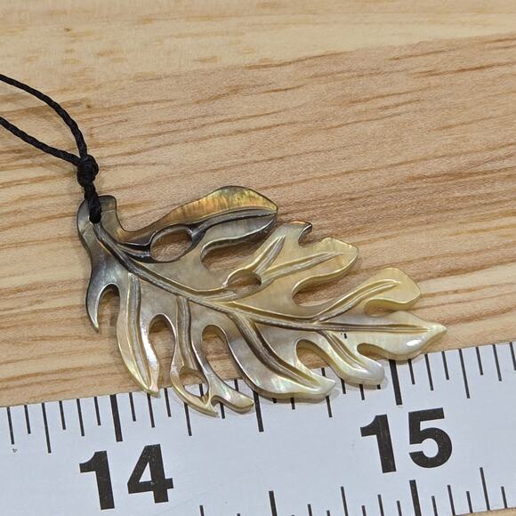 Carved Oyster Shell Hawaiian Monstera Pendant Delicate 17" Cord Necklace - Picture 9 of 11